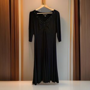 Jones New York Dress 12 Black Beaded V Neck Ruched Gown Y2K Evening Formal